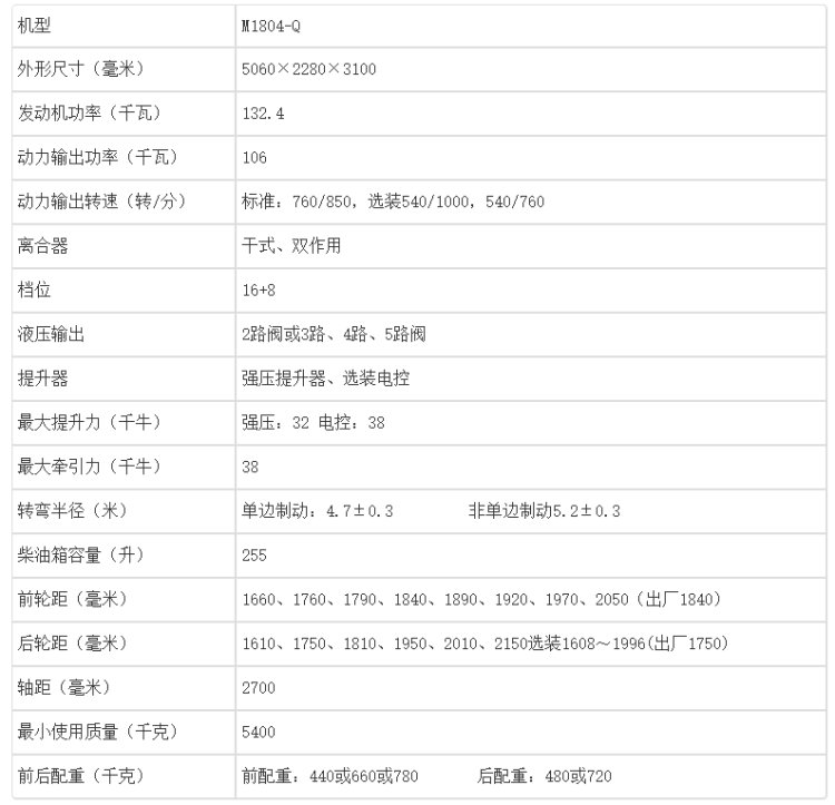 雷沃1104拖拉机参数图片